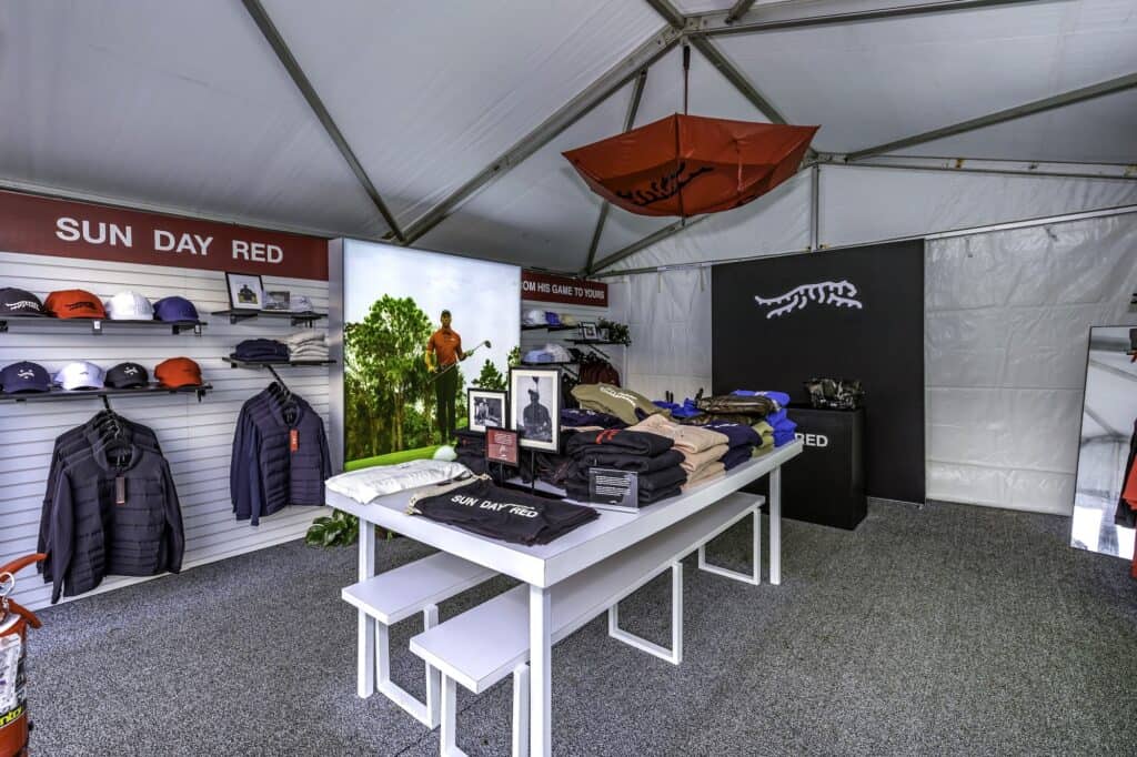 Sun Day Red, Tiger Woods' recently launched apparel company, at the 2025 Genesis Invitational