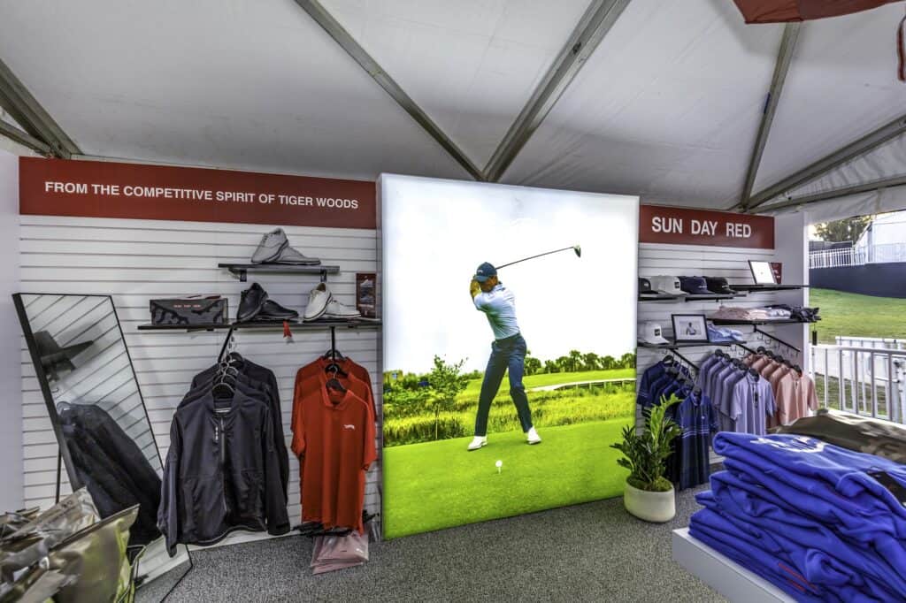 Sun Day Red, Tiger Woods' recently launched apparel company, at the 2025 Genesis Invitational